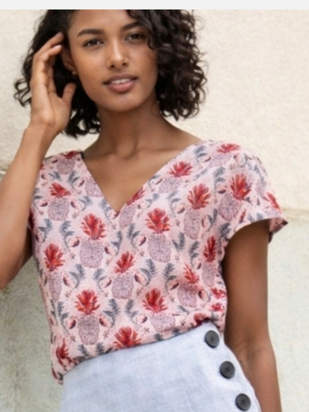 Boden Pineapple Print Double V Neck Linen Alexandra Top 14